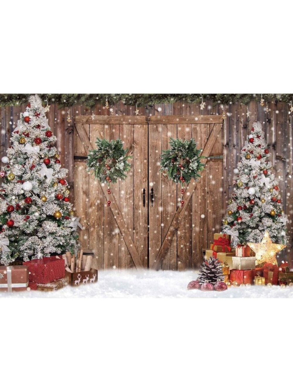 10x8ft Winter Barn Door Backdrop for Christmas Photography & Holiday Decor